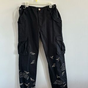 Maniere De Voir Black Cargo Pants with Embroidered Design